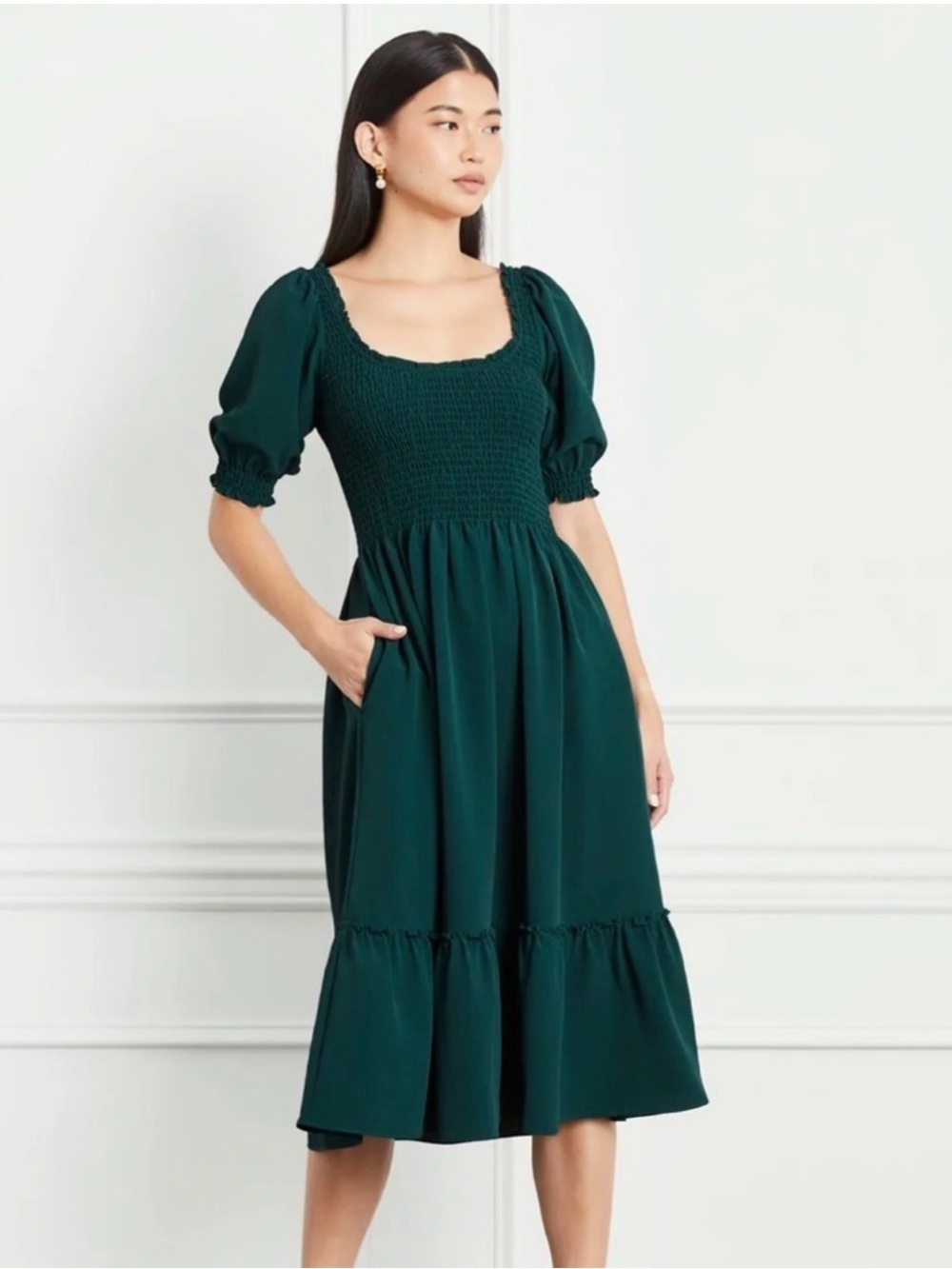 Hill House Home Louisa Nap Dress Medium NWOT Botanical Garden Green Midi Pockets